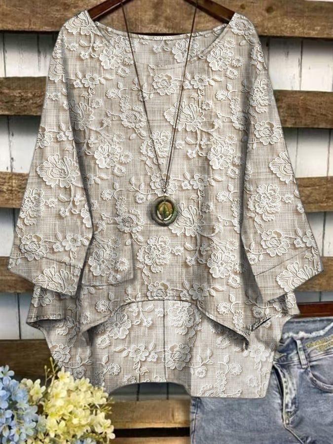 Fashionable And Casual Women's Floral Print Cotton And Linen Top