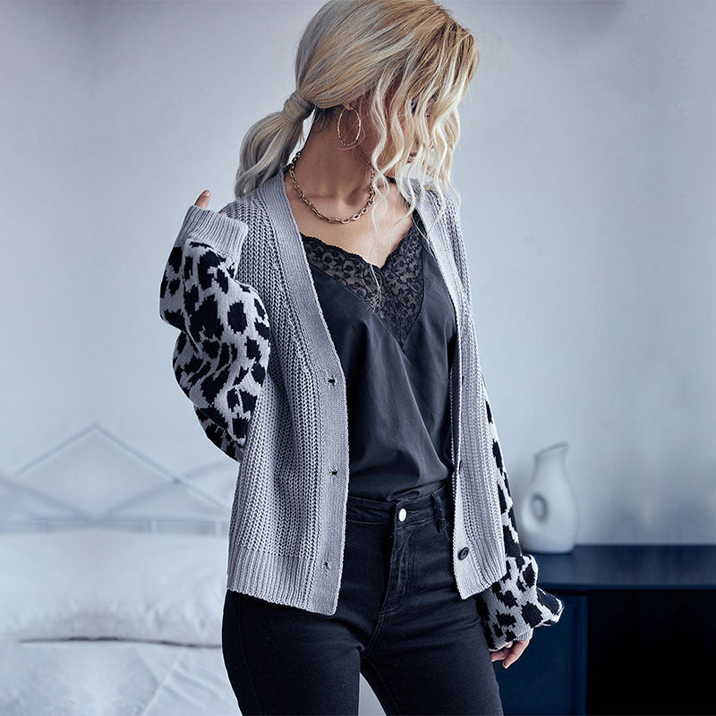Leopard-Print Sweater Coat for Women: Stylish and Long-Sleeved