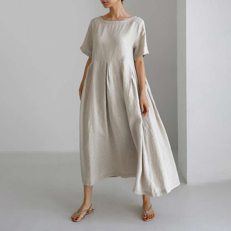 Solid Color Pleat Round Neck Maxi Dress
