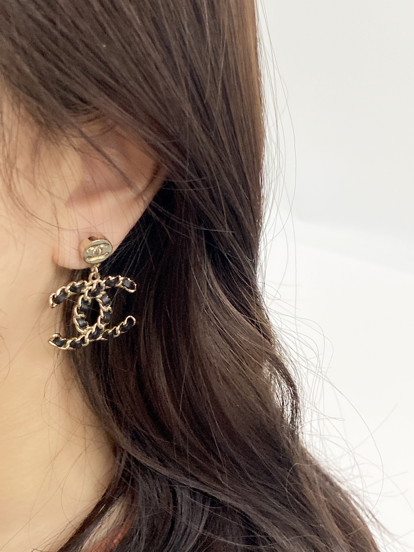 CHAN 24 button pendant leather double c earrings