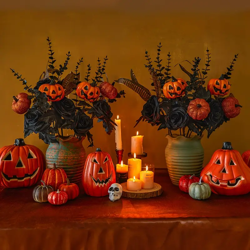 🏆Flash Sale⚡Artificial Fall Flowers-Halloween Pumpkin Bunch with Black Maple Leaves,Rose,Feathers- UV resistant, Waterproof, Windproof