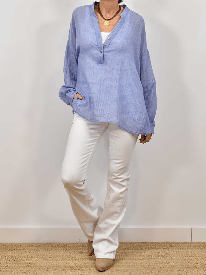 Women's Solid Color V-Neck Lace Splicing Design Casual Cotton And Linen Shirt