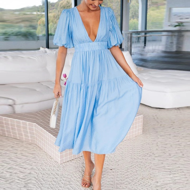 Women Casual Short Sleeve Deep V-neck Dress Ladies Loose High Waist Office Dress