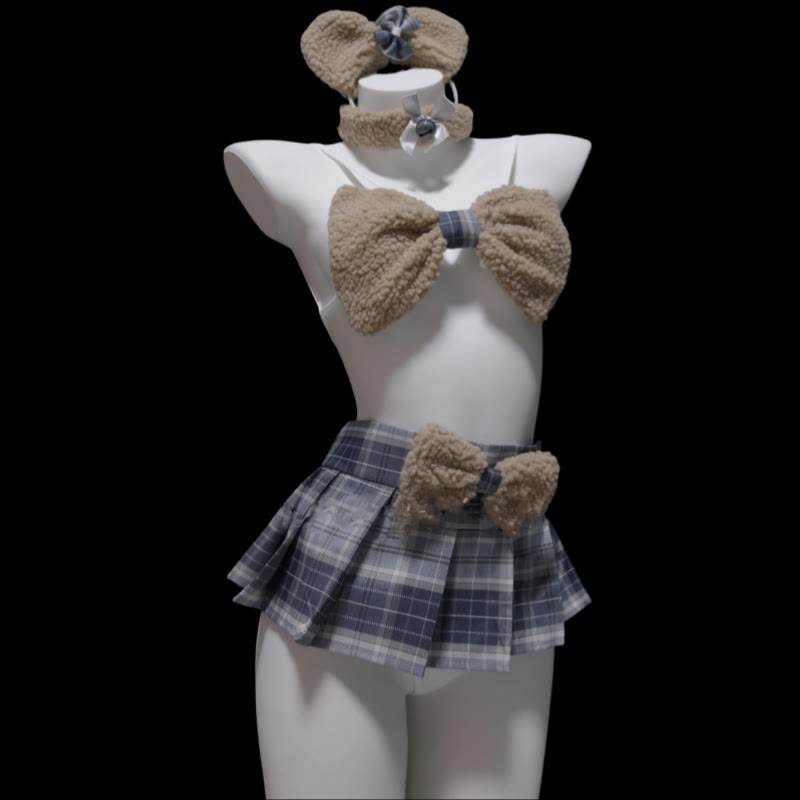 Plush Bow Plaid Bikini Lingerie Set