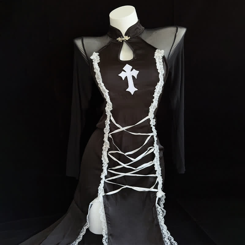 Nun Cross Lace Lingerie Dress Set