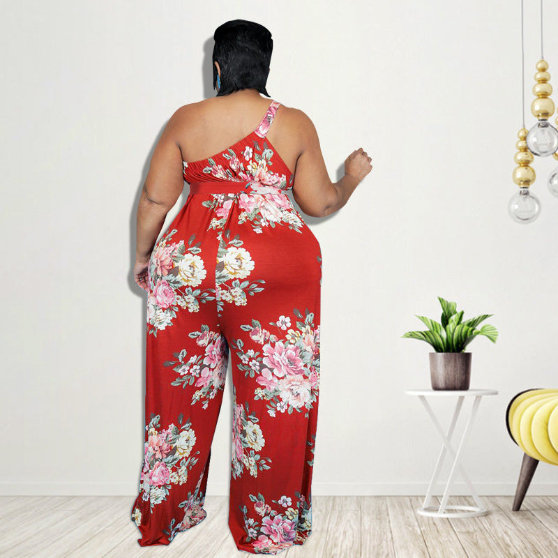 Plus Size Women Clothing Summer Large Floral Printing Casual Jumpsuit