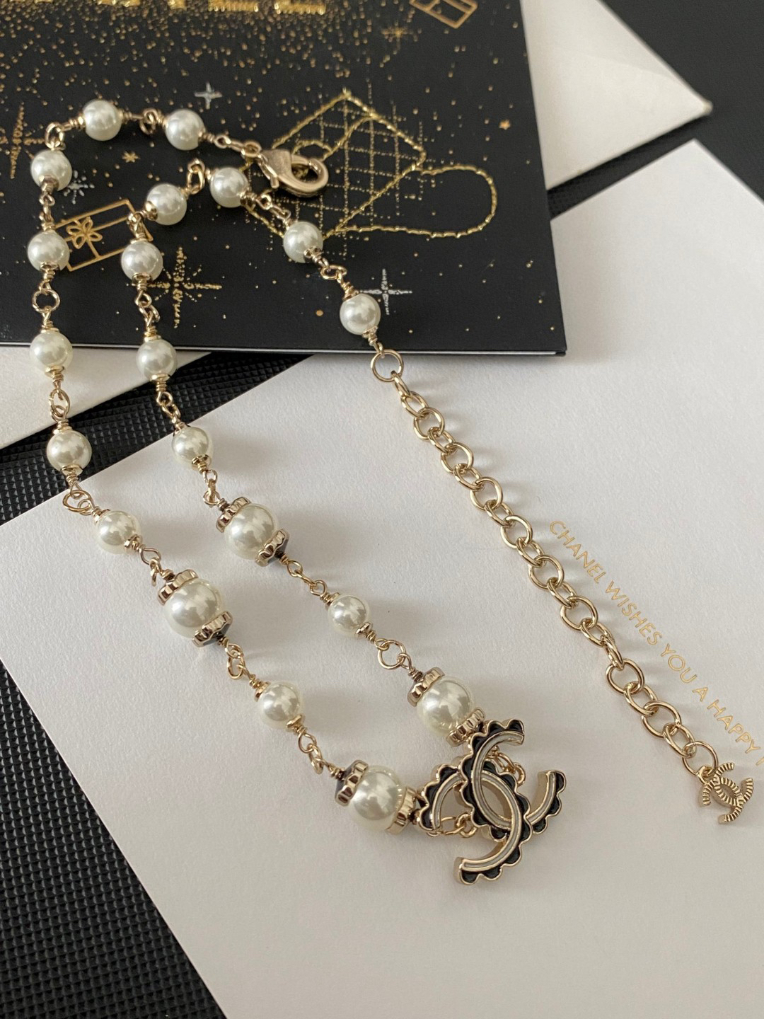 CHAN 24 black enamel lace double c pearl necklace
