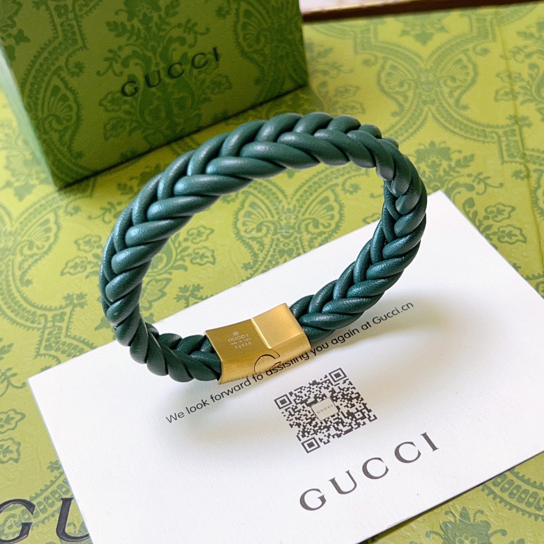 Gucci Green Leather Braided Bracelet