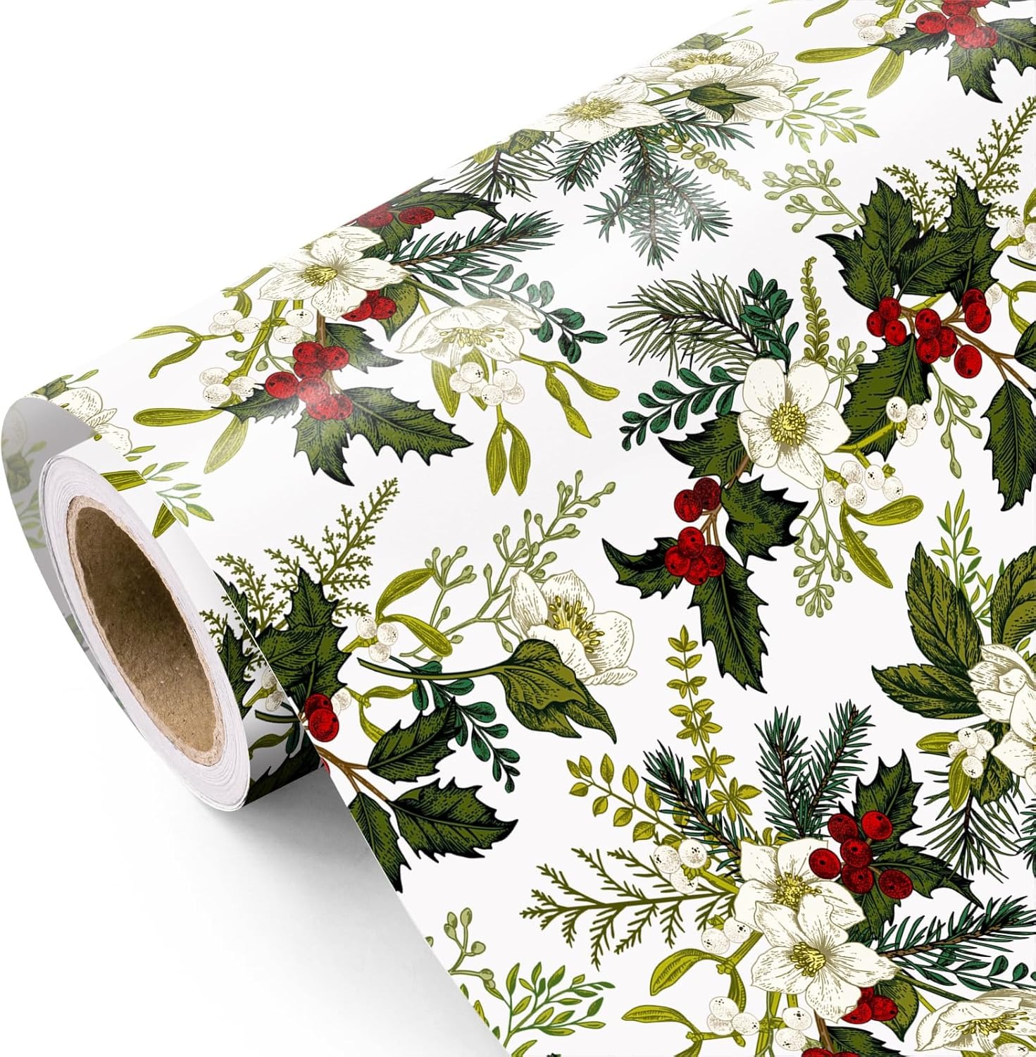 🎄Early Christmas Sale 🔥Christmas Wrapping Paper – White Floral with Green Leaves & Red Berries