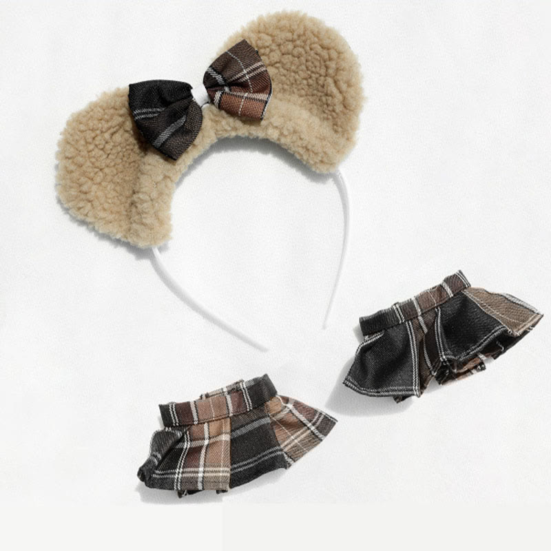 Plush Bow Plaid Bikini Lingerie Set