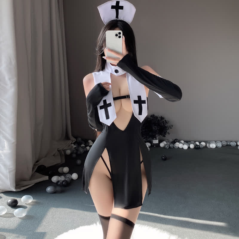 Cosplay Nun Cross Print Sexy Split Lingerie Dress