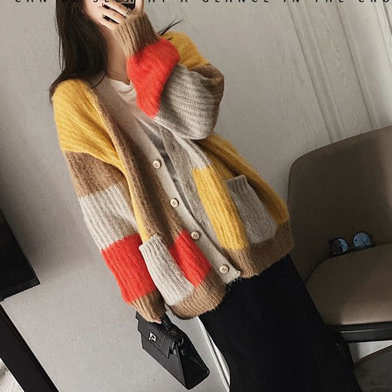 Lazy Wind Match Color Knitted Coat: Loose V-neck Fashion Mid-length Sweater Cardigan for Women