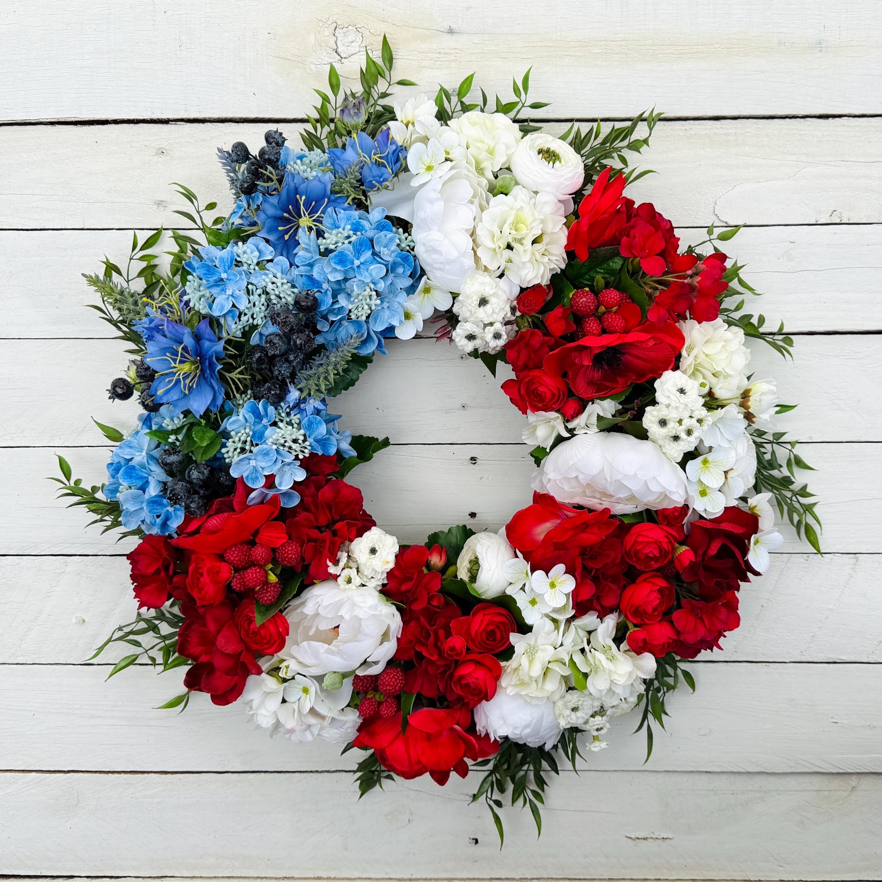 🔥ON SALE🔥Red White and Blue Patriotic Wreath with Faux Florals, Handmade Gift USA