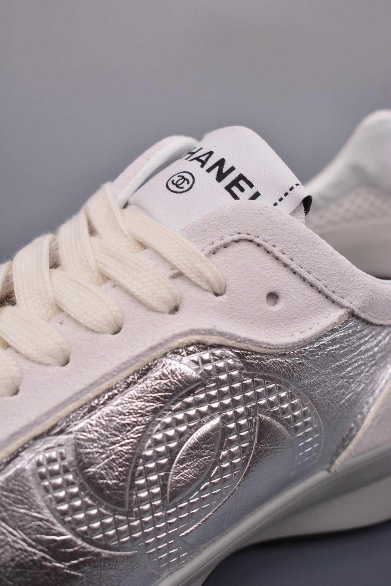 Chanel A25 CC Calfskin Trainers Sneaker Silver White
