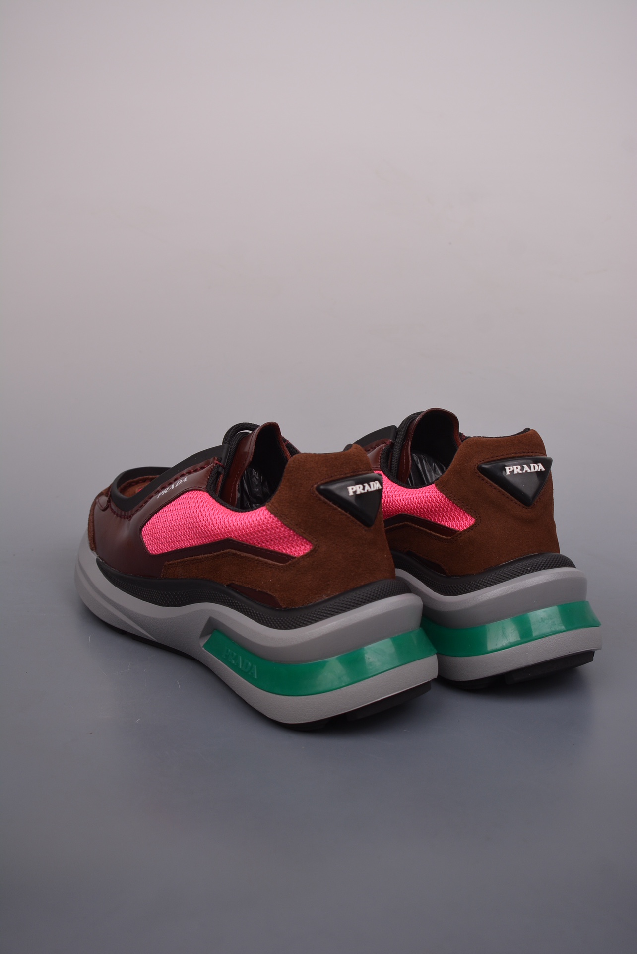 Prada Men's New Thick-soled Stitching Sneakers Burgundy Pink