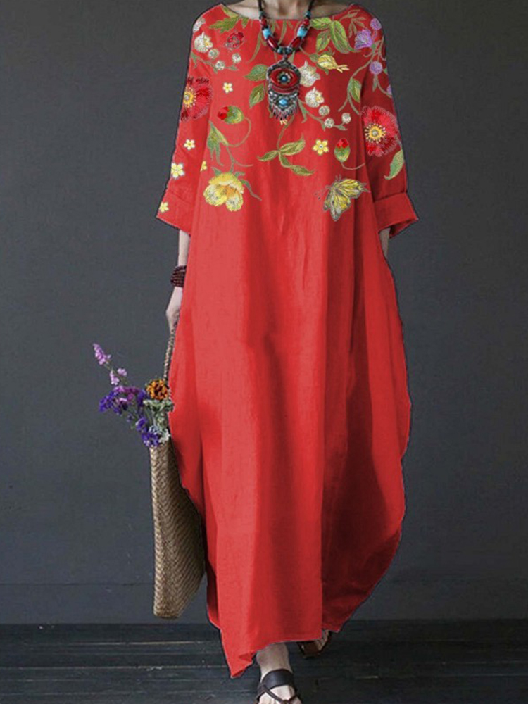 Elegant Retro Flower Art Seventh Sleeve Maxi Dress