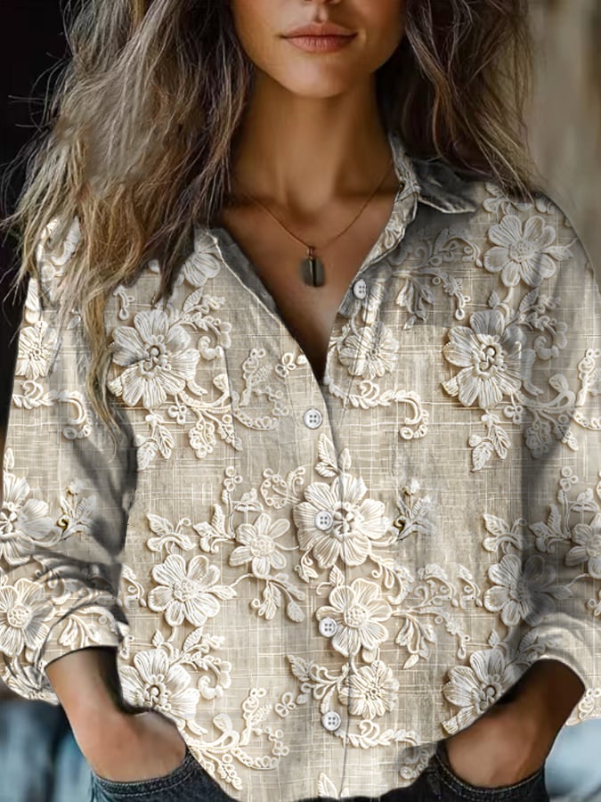 Women's Casual Vintage Floral Cotton and Linen Shirt