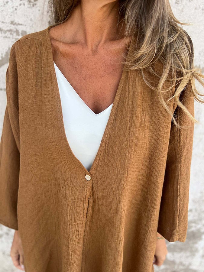 Women's V-Neck Long Sleeve Loose Button Design Casual Shirt