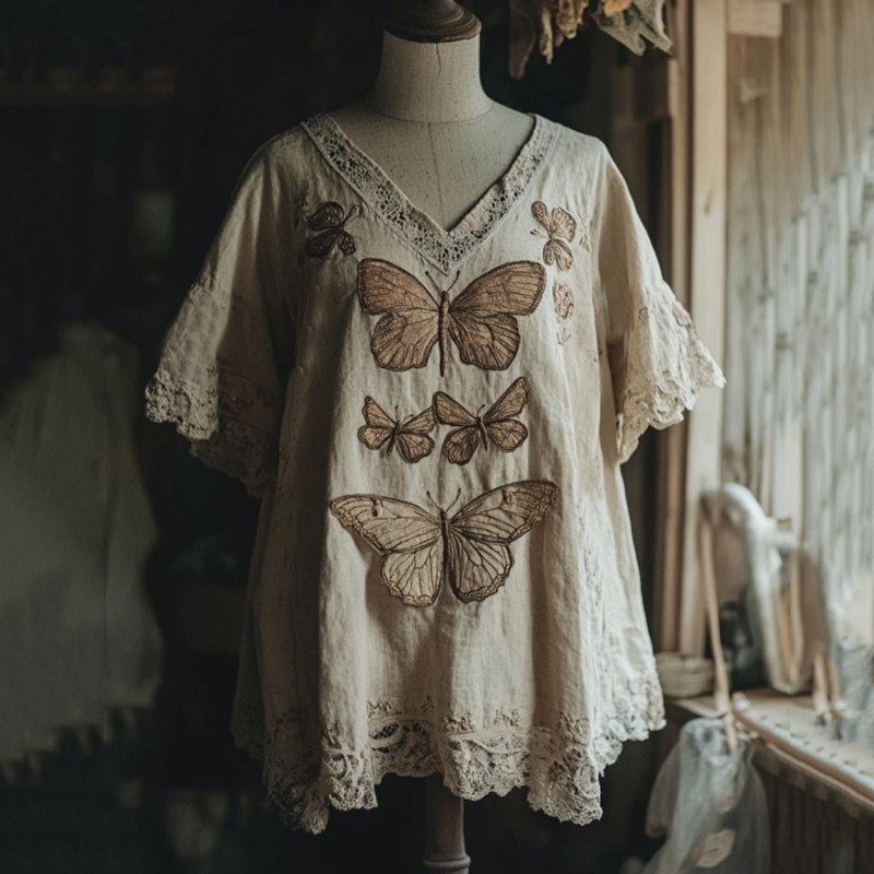 Vintage  Butterfly And Dragonfly Embroidery Linen Art Lace Trim Women's Linen Shirt
