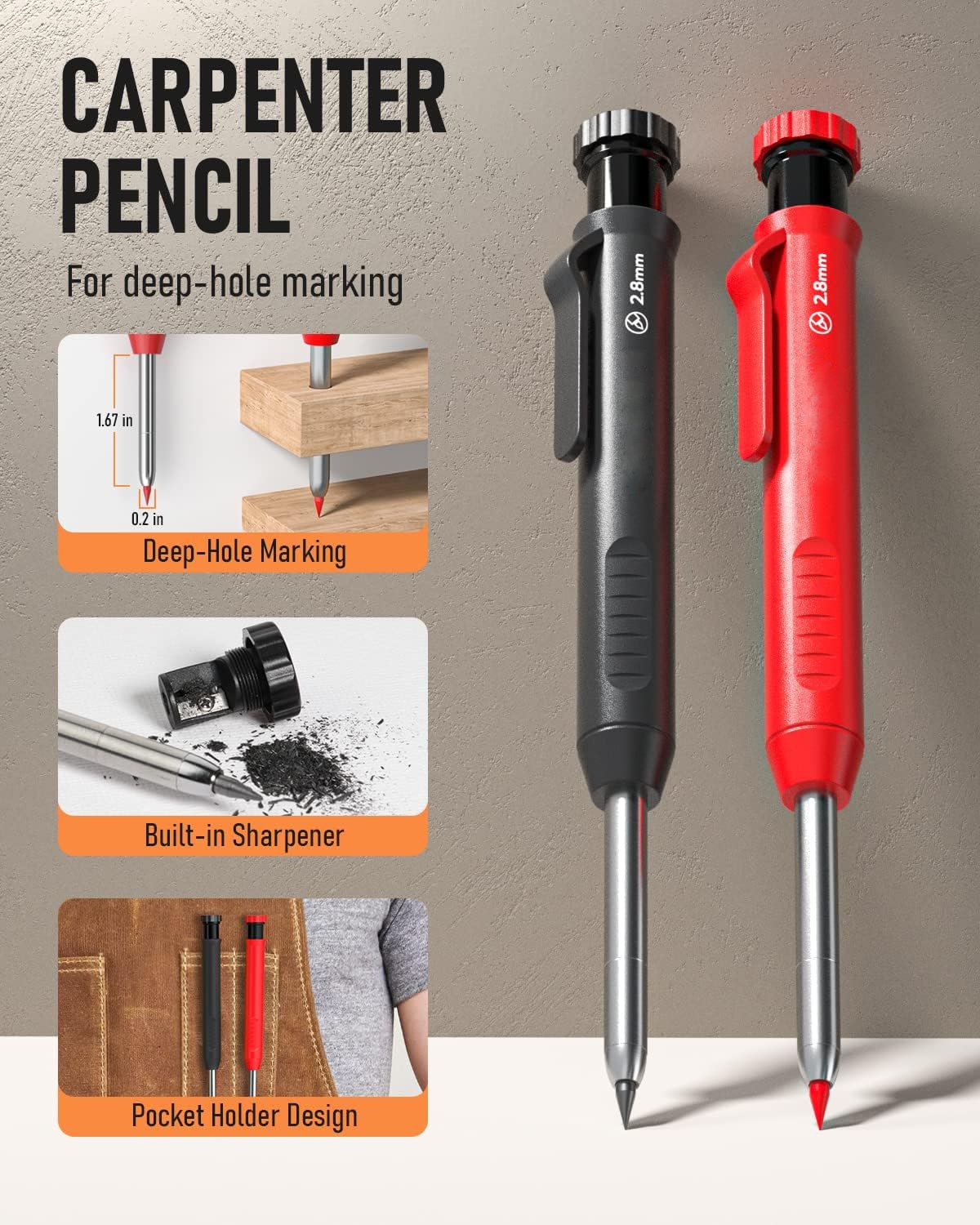 Carpenter Pencil with Sharpener, Mechanical Pencils Set with 24 Refills, Deep Hole Marker for Construction, Heavy Duty Woodworking Pencils for Architect