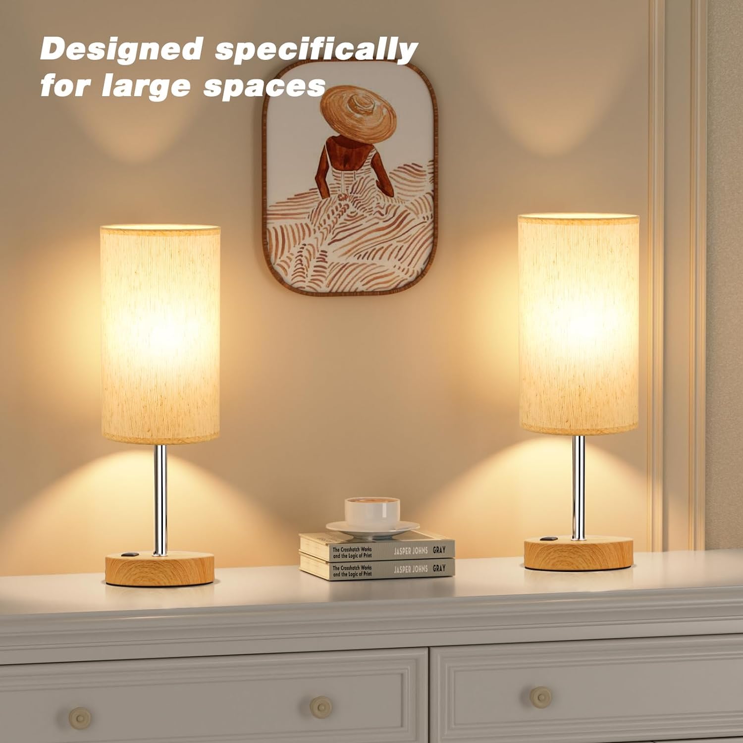 Bedside Table Lamp for Bedroom - 3 Way Dimmable Touch Lamp USB C Charging Ports and AC Outlet, Small Lamp Wood Base Round Flaxen Fabric Shade for Living Room, Desk, LED Bulb Included