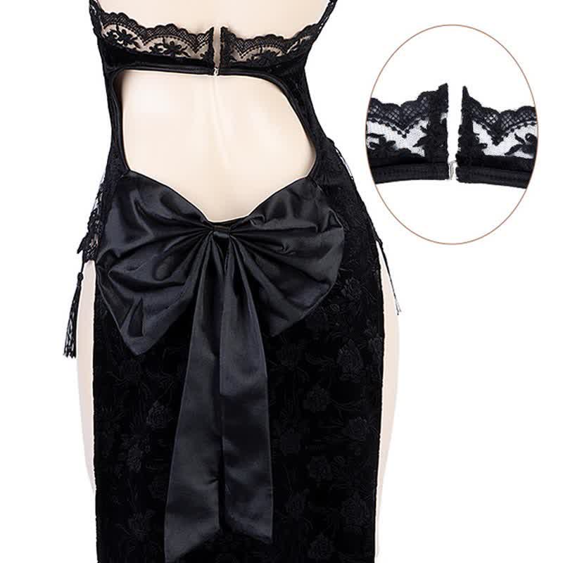 Halter Bow Decor Hollow Lace Cheongsam Dress Lingerie