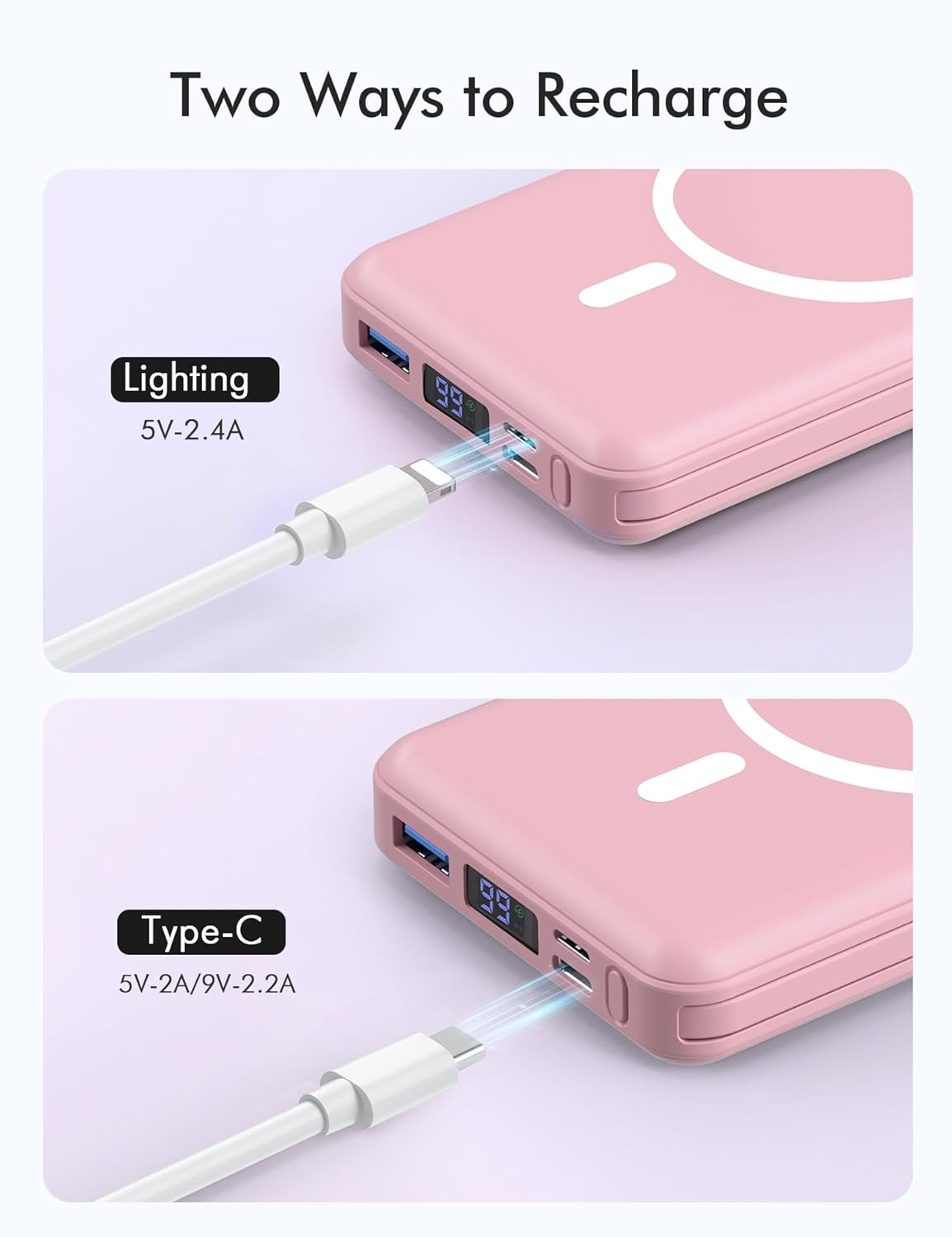 podoru Wireless Portable Charger, 10000mAh Magnetic Power Bank Built-in USB-C Lighting Cables 22.5W PD Fast Charging LED Display Mag-Safe Battery Pack for iPhone 15/14/13/12/Mini/Pro/Pro Max - White