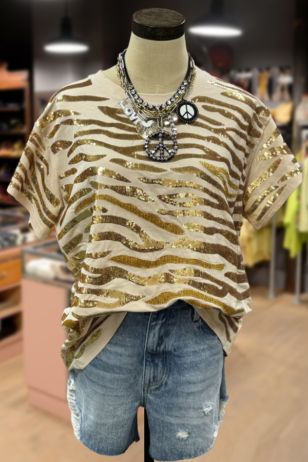 Sequin Tiger Pattern Short Sleeve Top
