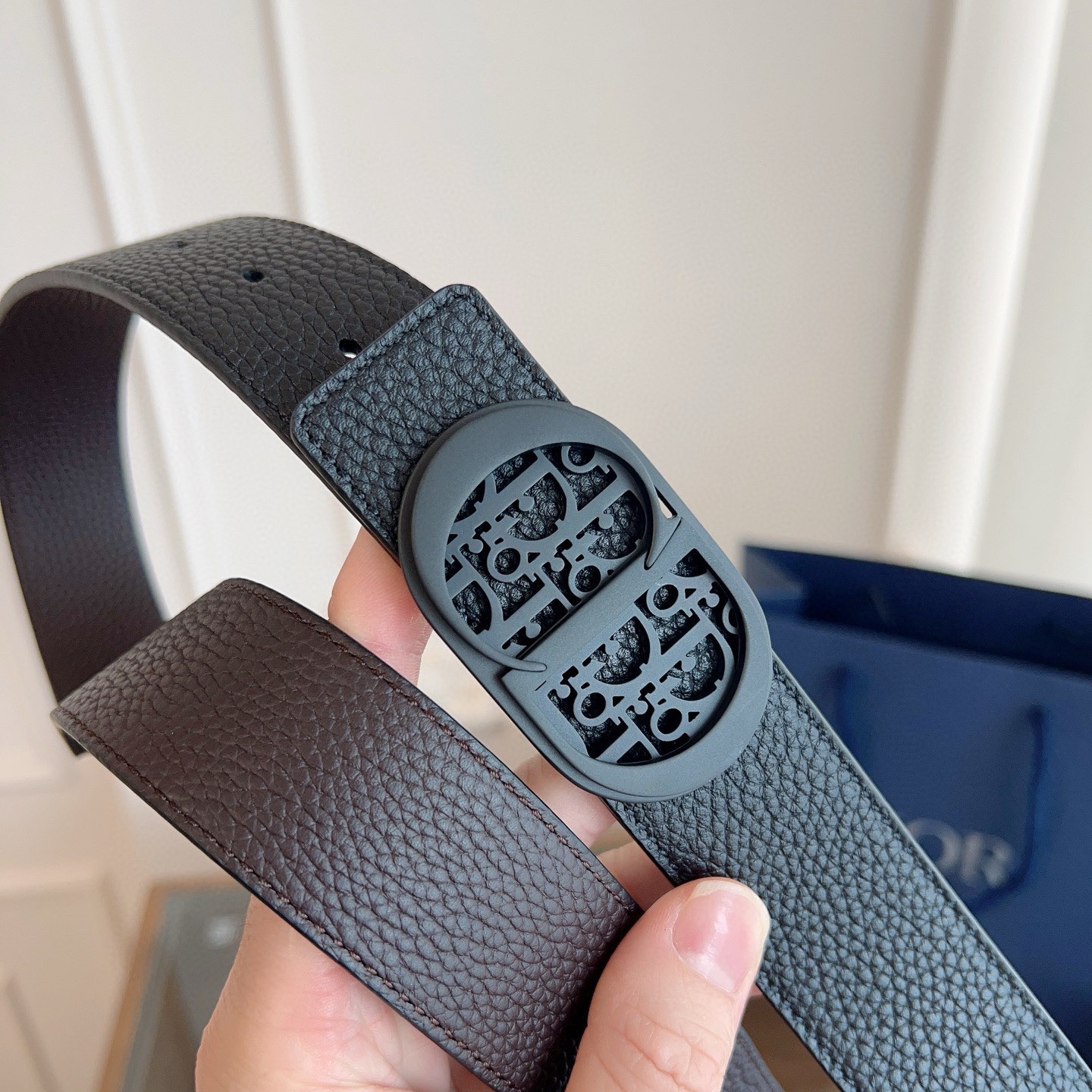 Dior coffee black double-faced cowhide belt width 3.5cm