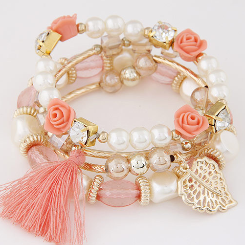 Ladies Fashion Crystal Pearl Flower Leaf Tassel Braided Bracelet