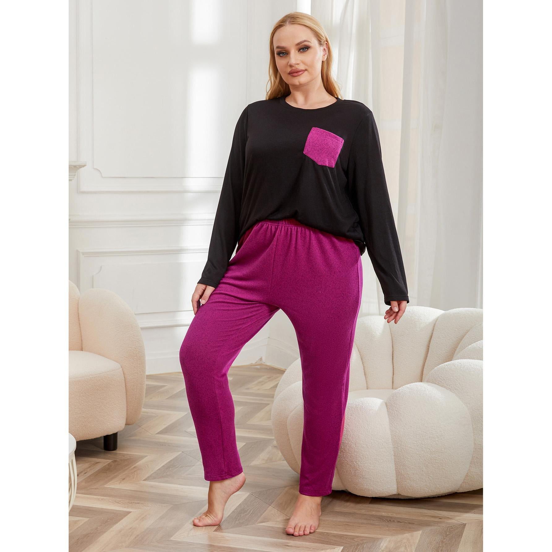 Plus Size Pajamas Women Autumn Winte Solid Color Long Sleeved Home Wear Set