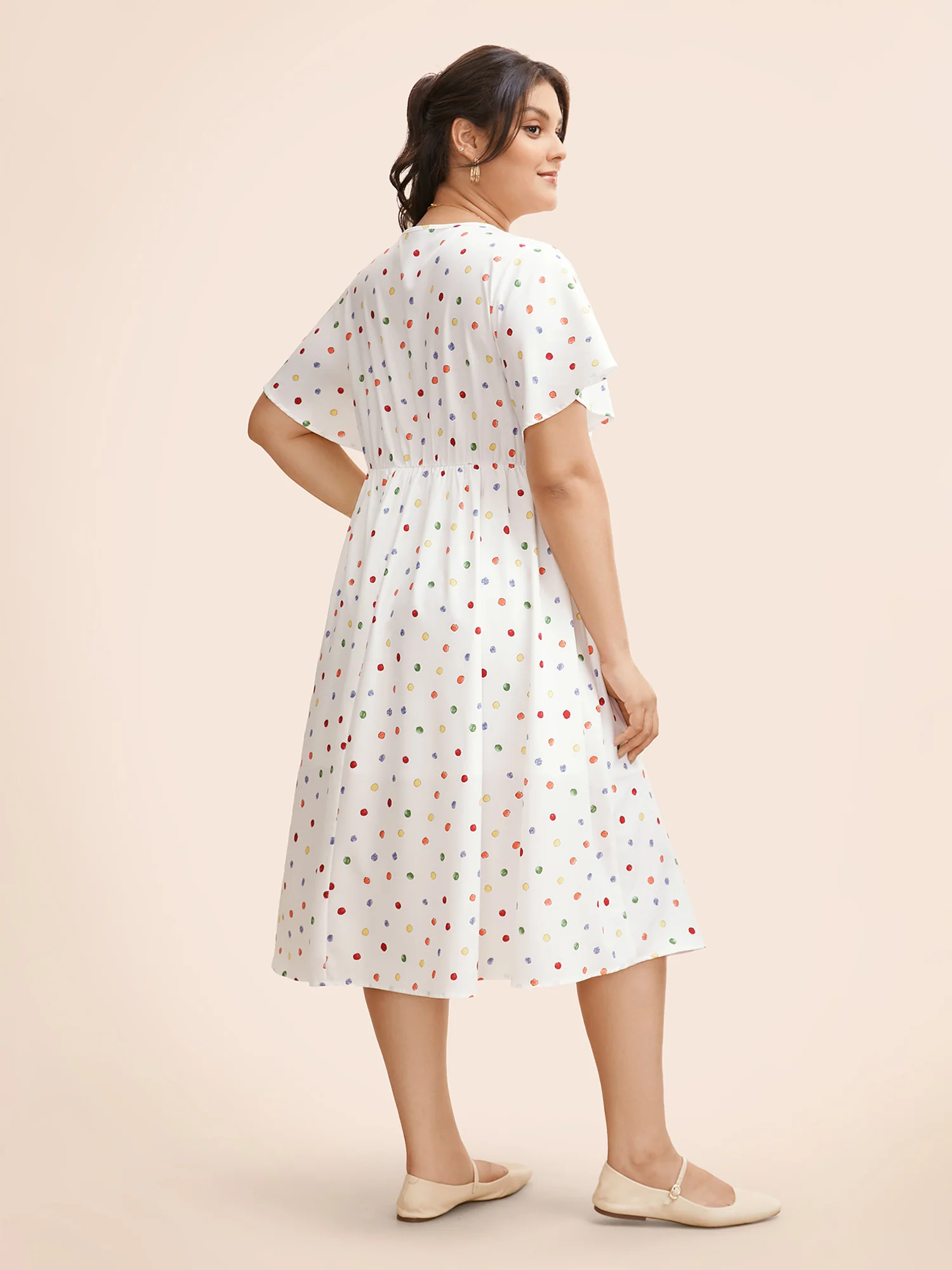 Colored Polka Dot Overlap Collar Midi Dress