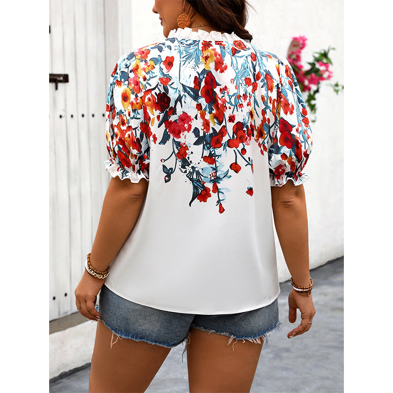 Plus Size Self Developed Designed Summer Floral Printed Chiffon Short Sleeved Shirt Puff Sleeve Shirt