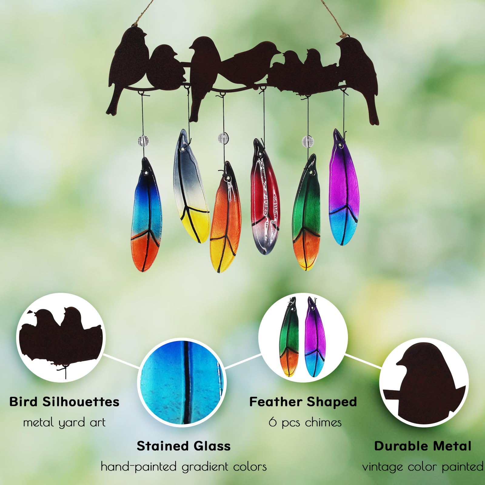 🔥Last Day 50% OFF🔥Colored Glass Memorial Wind Chimes-Metal Bird Yard Art