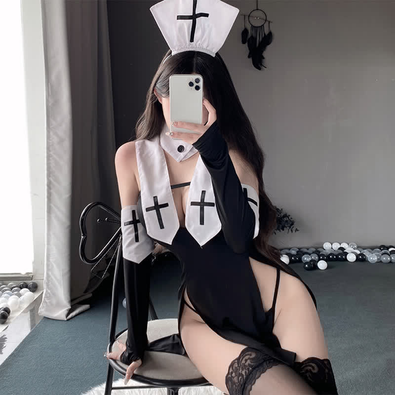 Cosplay Nun Cross Print Sexy Split Lingerie Dress