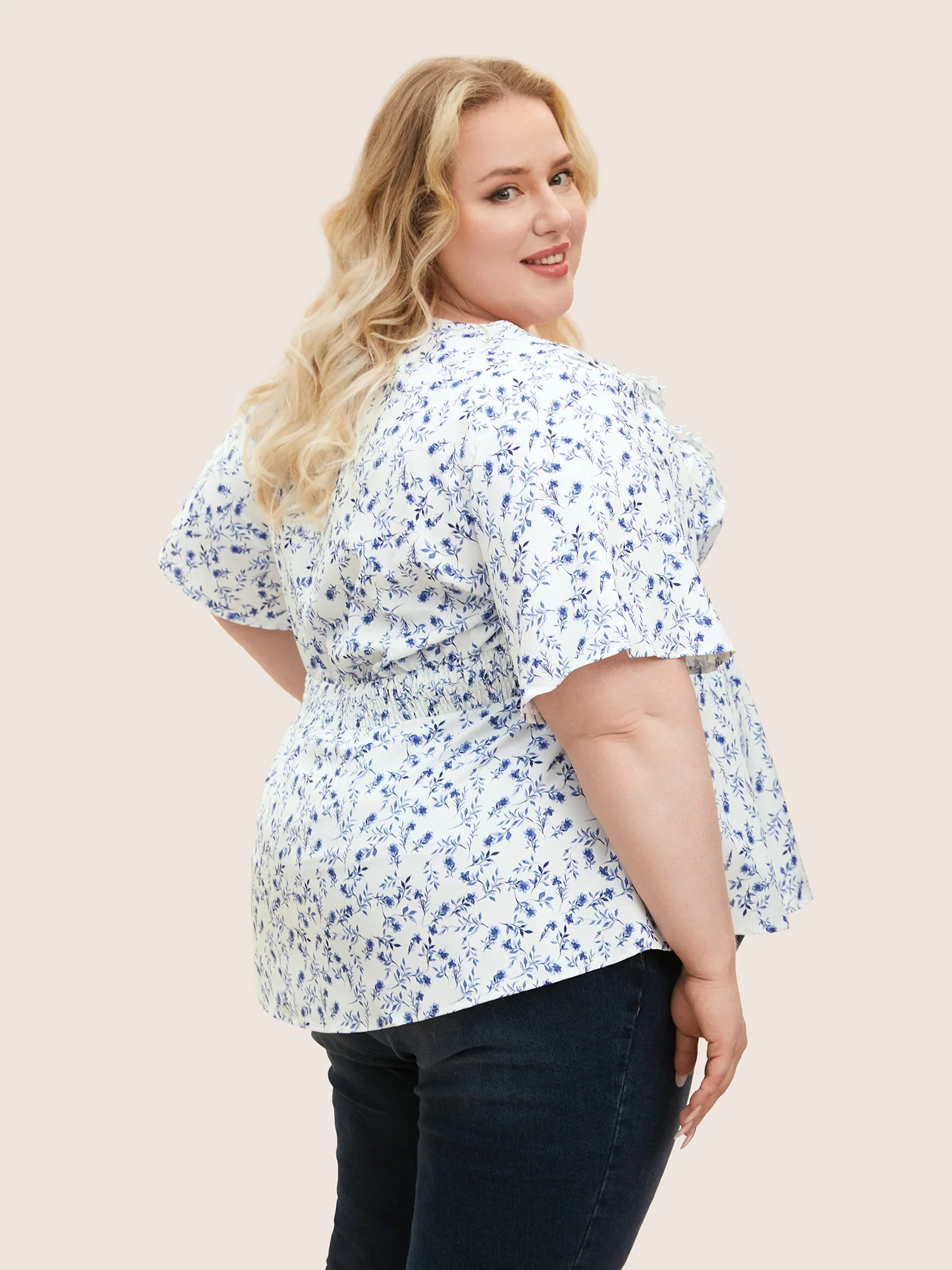 Floral Pleated Elastic Waist Ruffle Sleeve Blouse