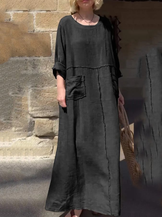 Women's Casual Loose Round Neck Long Sleeve Cotton And Linen Dress