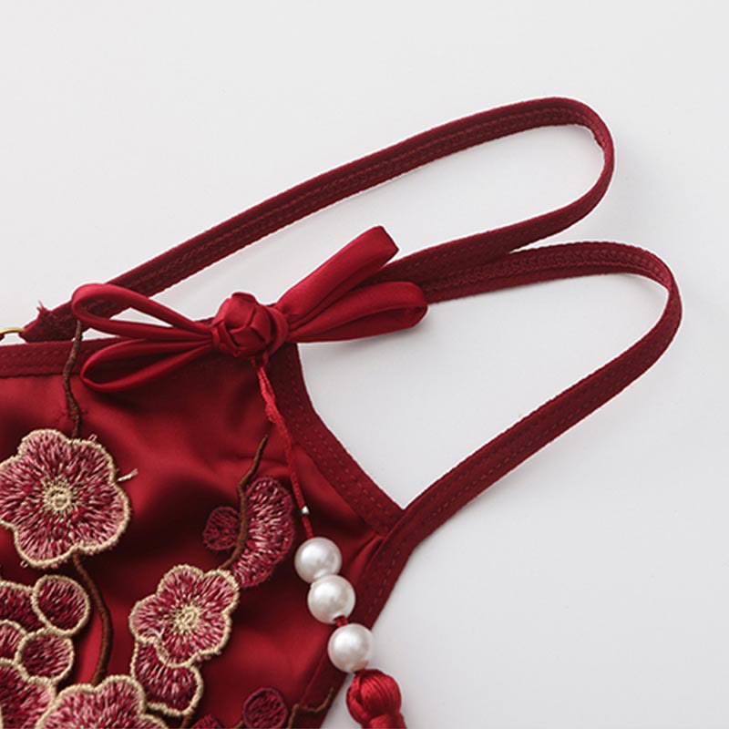 Han Costume Vintage Flower Embroidery Tassel Split Sexy Lingerie Set