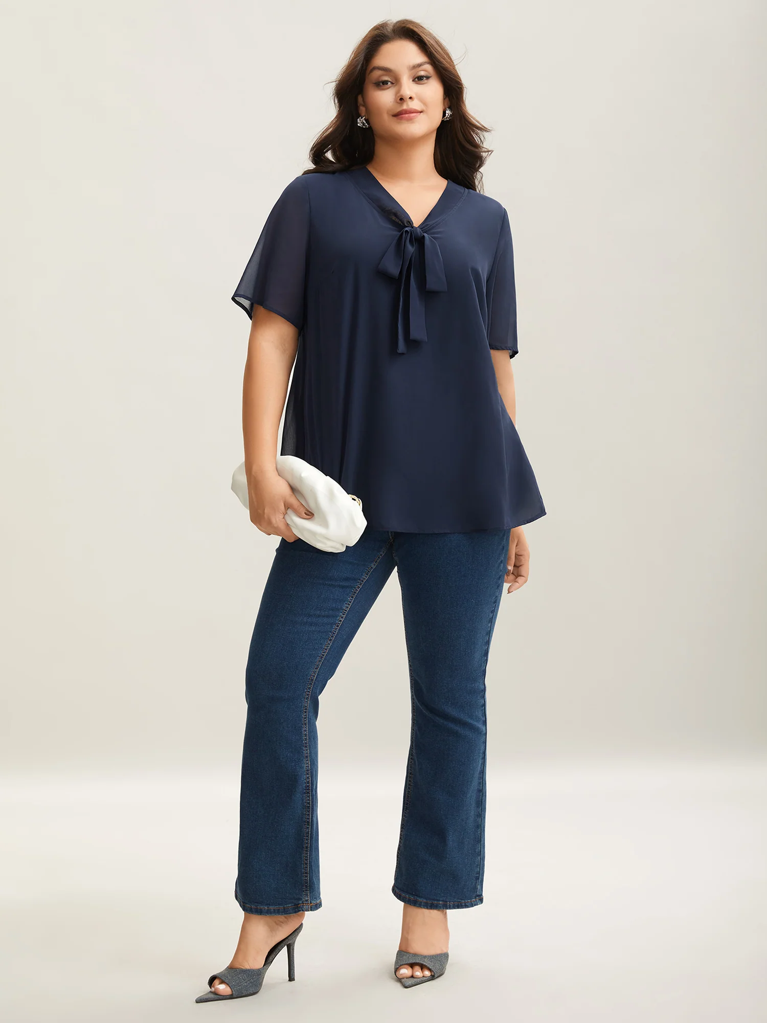 Ribbon Collar Placket Lined Blouse