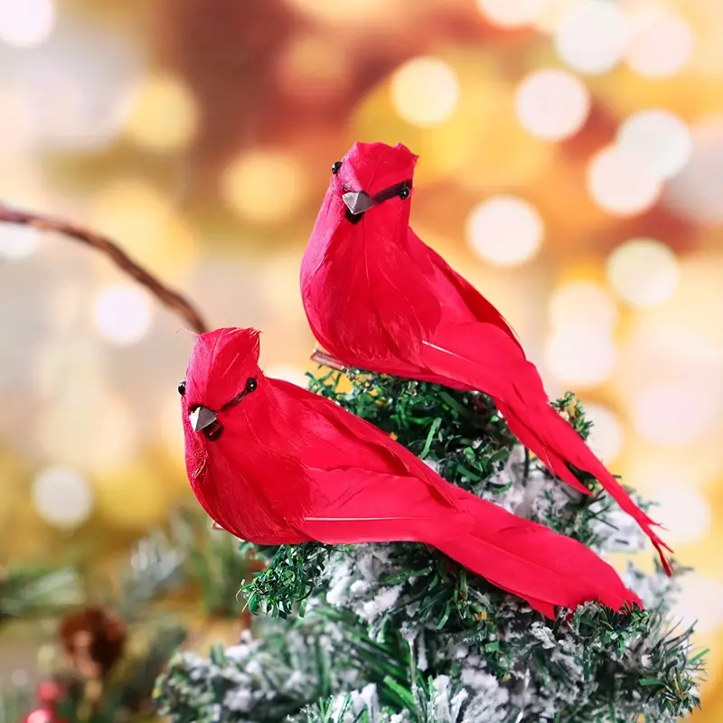 🐦🐦Christmas decoration red feather fake bird (with clip)