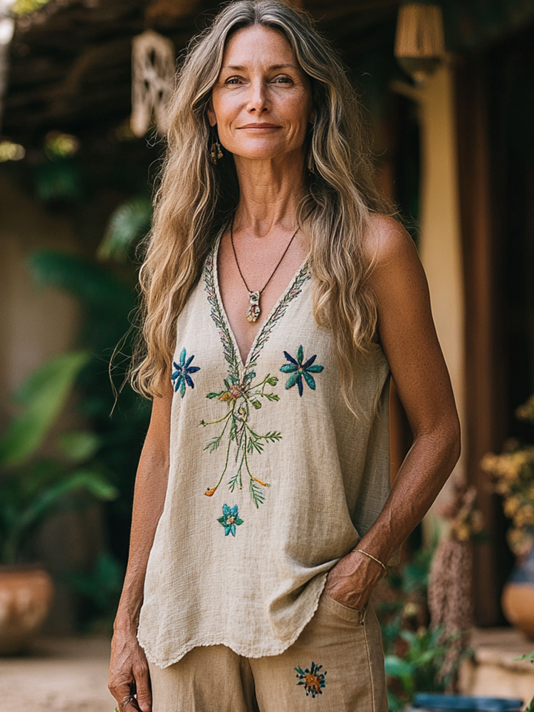 Women's Retro Loose Bohemia Ethnic Style Linen V-neek Sleeveless Top
