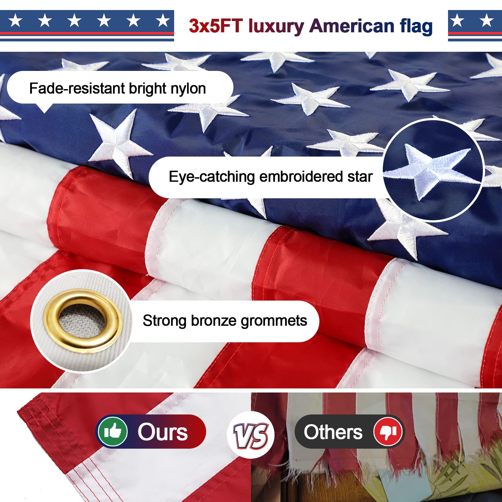 OldgloryHome Heavy Duty Flag Pole Set with 3*5FT Embroidered US Banners-kit