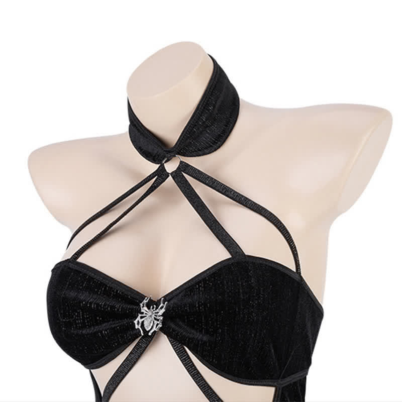 Hollow Out Lace Up Halter Cheongsam Dress Lingerie