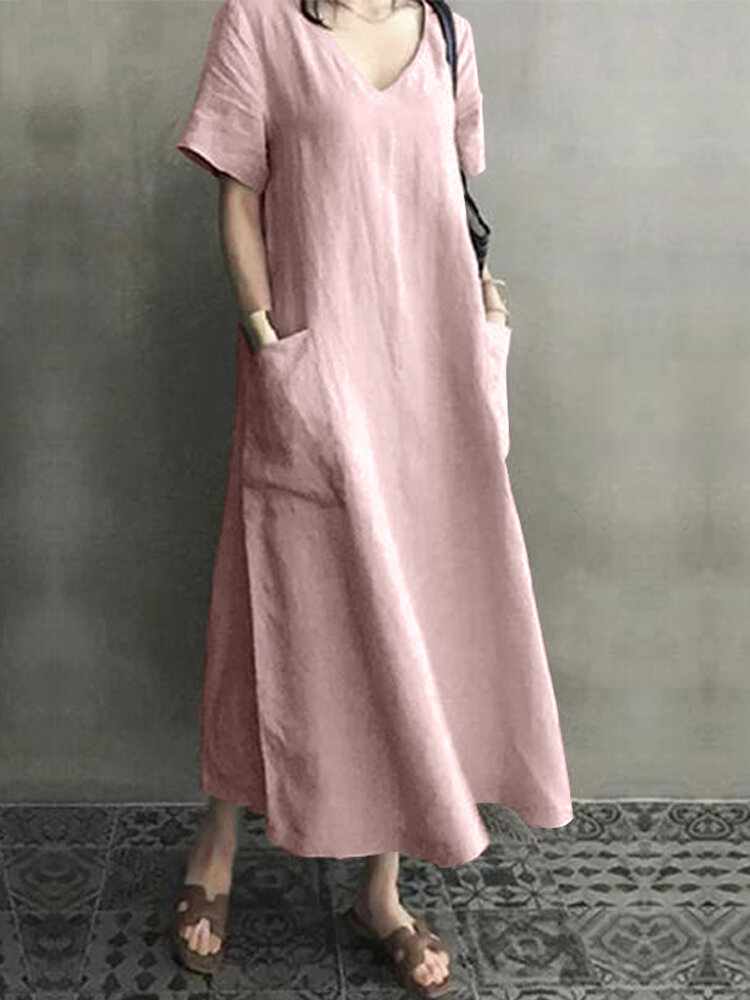 Comfy V-Neck Maxi Dress With Side Pockets