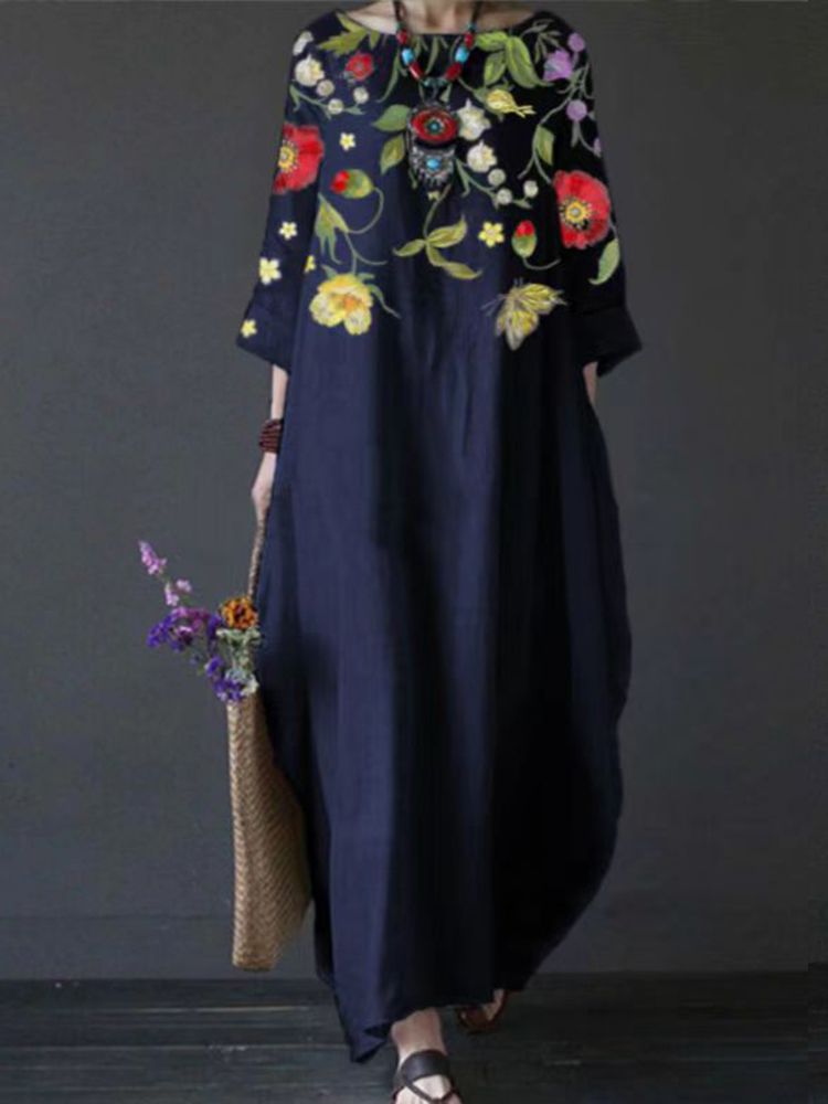 Elegant Retro Flower Art Seventh Sleeve Maxi Dress