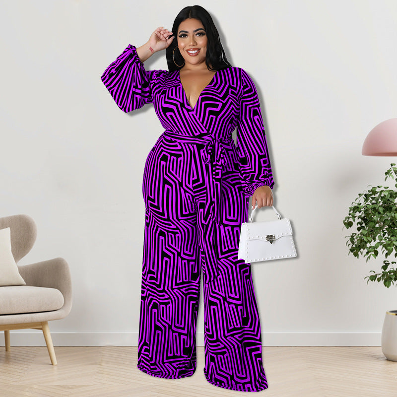 Plus Size Women Clothes Long Sleeve One Piece Straight Leg Pants