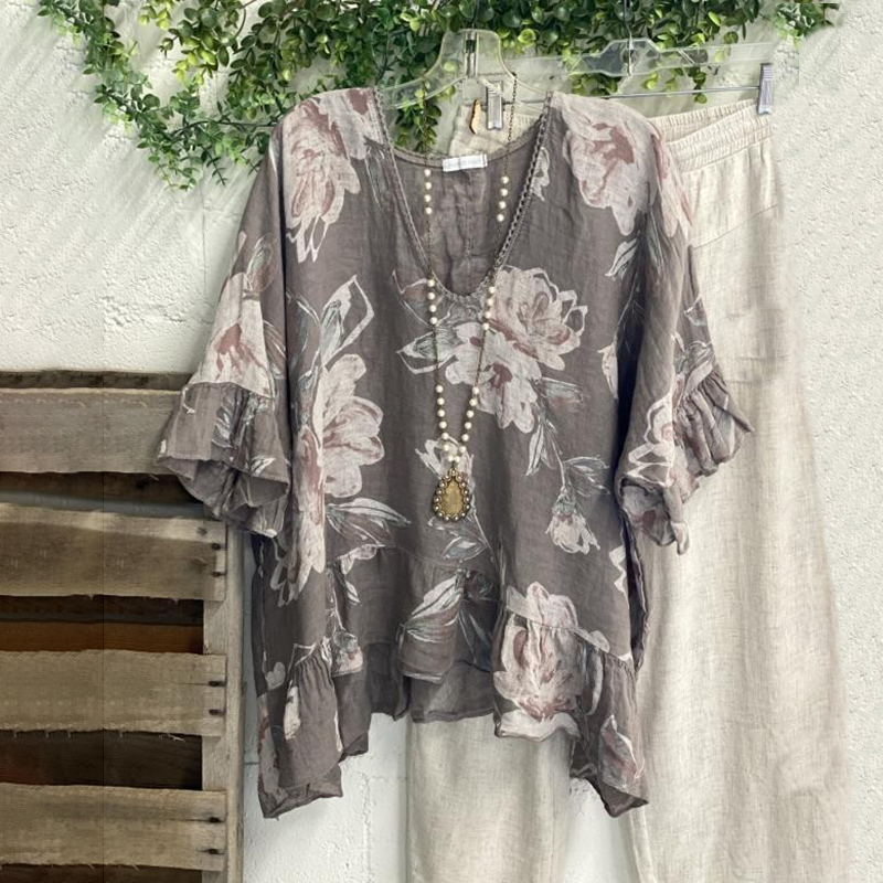 Floral Printed Flounce V Neck Casual Shirt