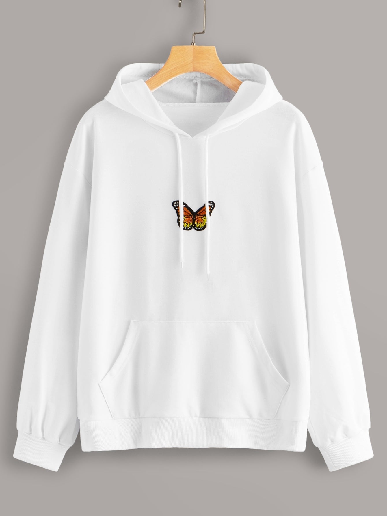 Butterfly Embroidered Kangaroo Pocket Drawstring Hoodie