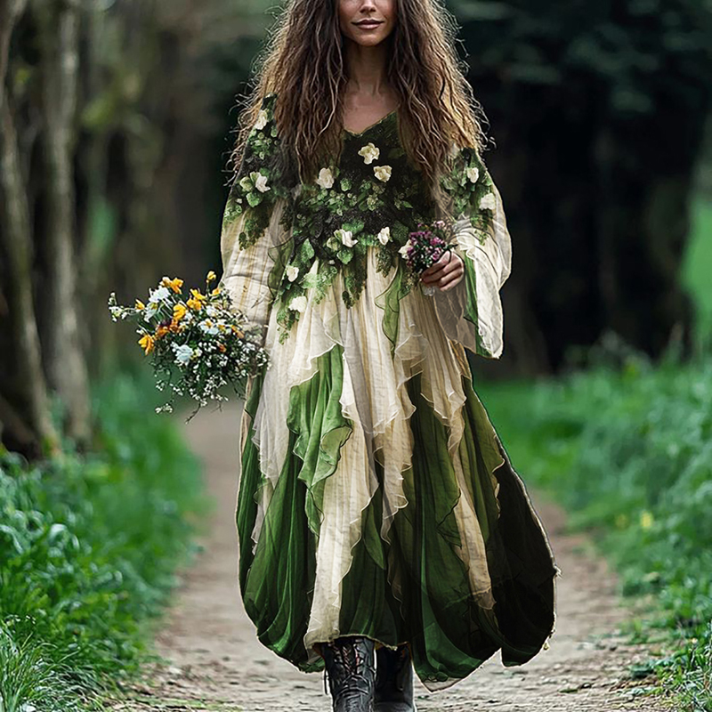 Forest Elf Floral Flowy Linen Blend Maxi Dress