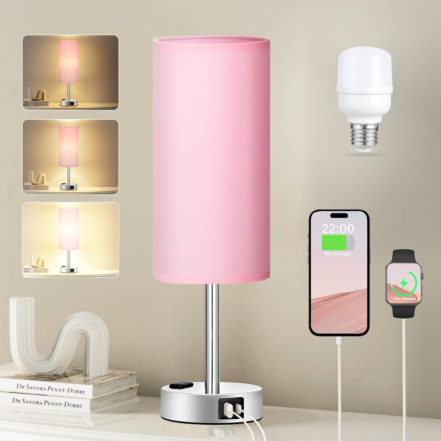 Bedside Table Lamp for Bedroom - 3 Way Dimmable Touch Lamp USB C Charging Ports and AC Outlet, Small Lamp Wood Base Round Flaxen Fabric Shade for Living Room, Desk, LED Bulb Included